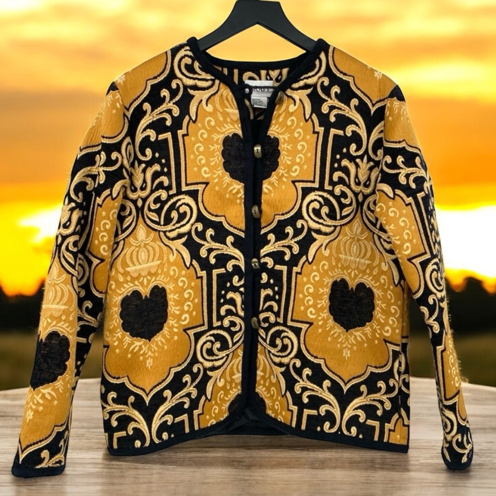 Vintage 90s Graff Jacket Womens Medium Baroque Black‎ Gold Tapestry Button Front